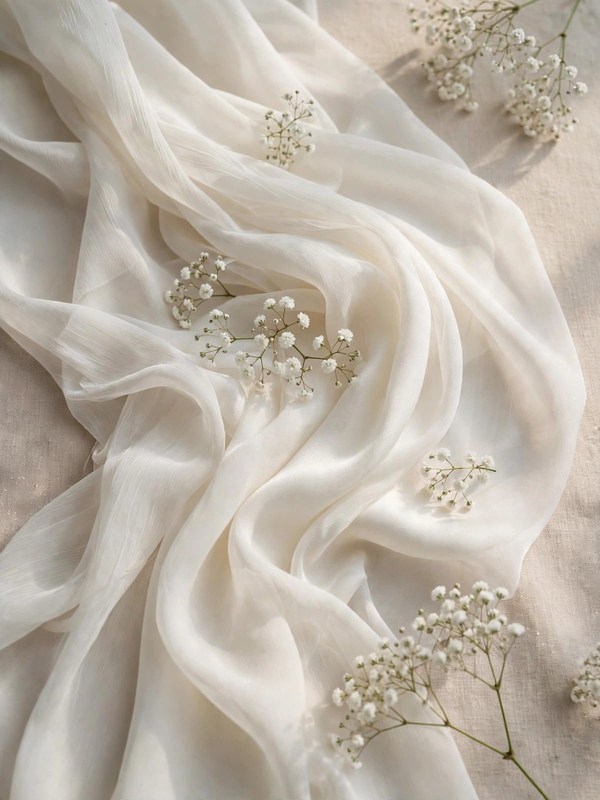 ivory white satin georgette chiffon fabric with baby breath flowers luxury khimar Pakistan Khimarzay